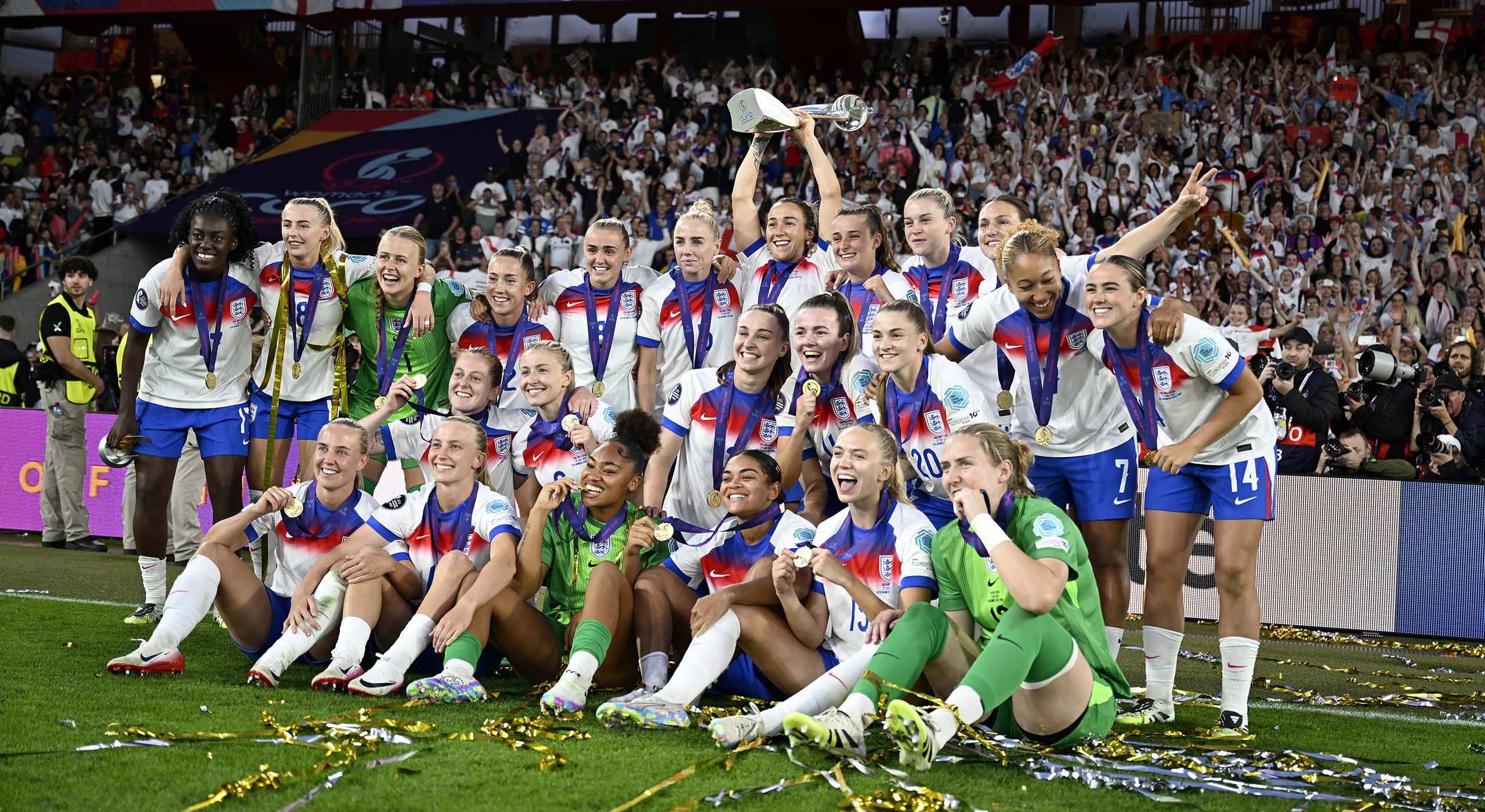 England Lionesses celebrating their historic Euro 2025 victory with the trophy, showcasing the team unity and triumph that sparked a revolution in women's football participation and investment