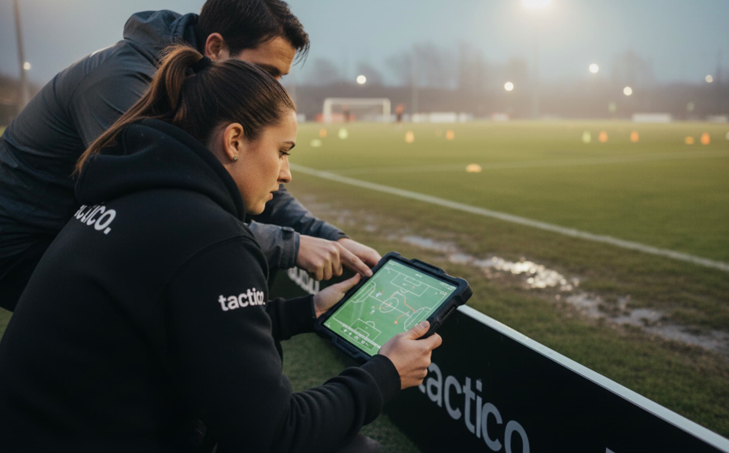 Coaches working pitch-side with tactical tools